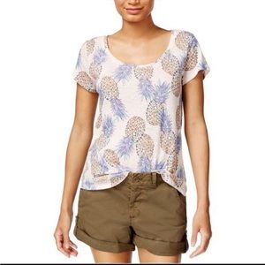 Lucky Brand Linen Pineapple Print Blouse Top Sz 1X Short Sleeves Scoop Neck